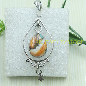 Pendentif en turquoise d'huître épineuse orange, en argent sterling 925, fait main, style bohème, en forme de goutte, bijou fantaisie, cadeau pour femme, cadeau de Noël - Product Image 4