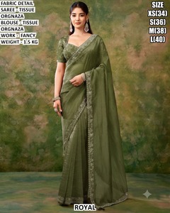 Royal Beige <b>Tissue</b> Organza Saree With Fancy Work Blouse For Women <b>Wedding</b> Wear Regular Fit Floor Length Size XS To L - Product Image 3