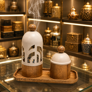 Natural Wooden Arabic Calligraphy Metal <b>Oud</b> Burner Arabic Mabkhara Set With Tray Decorative Islamic Aroma <b>Diffuser</b> Home Decor - Product Image 2
