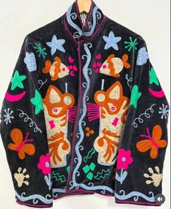Wholesale Vintage Style Black <b>Velvet</b> Jacket <b>Women</b> Hand Embroidered Animal Short <b>Coat</b> Boho Winter Outerwear Suzani Jacket - Product Image 2