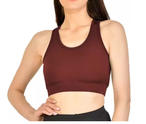 Soutien-gorge de sport pour femme à maintien moyen, marron uni, col rond, débardeur respirant à séchage rapide pour la gym et le yoga - Product Image 5