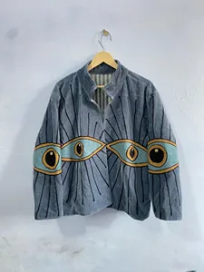Veste Bohème Grise en Velours Brodé Motif Œil Turc, Faite à la Main, Manches Longues, Col Montant, Style Bohème, pour l'Automne - Product Image 1