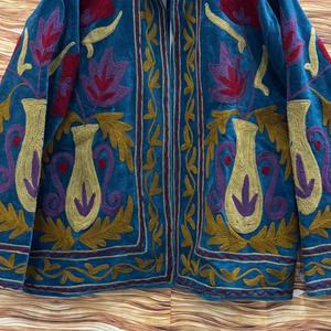 Chaqueta de Terciopelo Bordada para Mujer, Estilo Boho, Floral, Étnica, Abrigo Vintage Azul, Prenda Exterior - Product Image 4