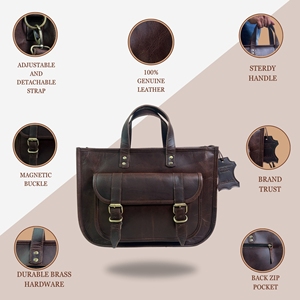 Bolso de Mano de Cuero Genuino para Mujer, Estilo Vintage, con Cierre, de Nailon, para Portátil de 15 Pulgadas, Maletín Marrón para el Trabajo, Bolso de Mensajero para Oficina, con Doble Correa para el Hombro - Product Image 3