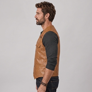 Modern men <b>leather</b> <b>vest</b> designed with durable stitching smooth lining useful pockets and relaxed fit for travel and daily wear - Product Image 5