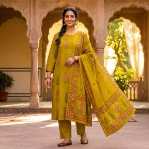 Conjunto de Kurti, Pantalón y Dupatta de Algodón Amarillo Mostaza para Mujer, Corte Recto, con Pliegues, Manga Tres Cuartos, Bordado, Ropa Tradicional - Product Image 2
