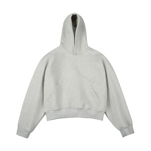 Sudadera con Capucha Gruesa y Rígida Estilo Americano, Forrada de Felpa Gris, para Hombre y Mujer, Corta, con Bolsillo, 100% Algodón, para Invierno - Product Image 1