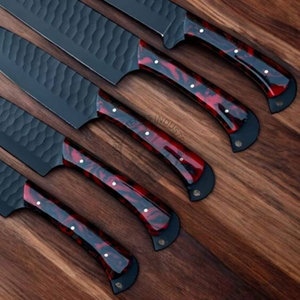 Hot Selling Custom Handmade J2 Steel Powder Coated Hammered Blade 5-Piece Durable <b>Sharp</b> Ambidextrous Kitchen Chef <b>Knives</b> <b>Set</b> - Product Image 2