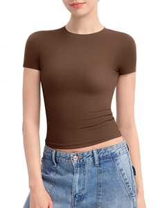 Vente en gros de t-shirts à manches courtes pour femmes 2024, tissu en toile, col rond, écologiques, respirants, compressés, décontractés, taille personnalisée - Product Image 5
