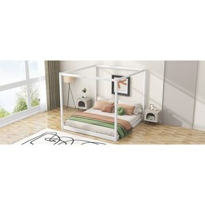 Lit plateforme à baldaquin blanc King Size avec pieds de support, literie rembourrée haut de gamme - Product Image 5