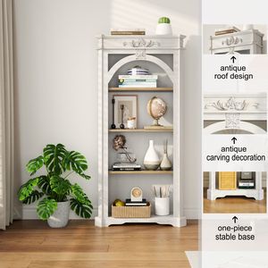 Antique <b>White</b> 4-Tier 65-Inch <b>Tall</b> <b>Bookcase</b> Elegant Floor Standing Bookshelf for Home Office and Living Room - Product Image 5