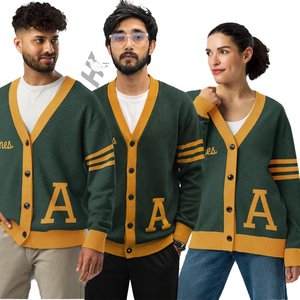 Cardigan en tricot brodé vert, numéro 24 jaune, col en V uni, manches longues, pull décontracté pour femme, toutes saisons, boutonné - Product Image 1