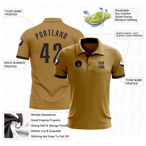 Polo de golf personnalisé en polyester et élasthanne tricoté avec impression numérique, couleur or vieilli et noir, respirant et performant - Product Image 6