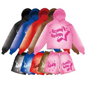 เซ็ตเสื้อมีฮู้ดและกางเกงขาสั้น2025ใหม่ชุดเสื้อมีฮู้ดและกางเกงขาสั้นซักกรดสำหรับผู้หญิงที่มีความทุกข์ด้านล่าง - Product Image 1