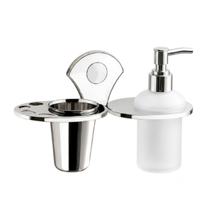 Support mural 2-en-1 en acier inoxydable pour gobelets avec distributeur de savon liquide, flacon de savon pour les mains en verre dépoli et support pour dentifrice - Product Image 1