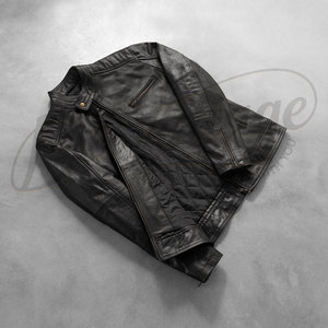 Men's Premium Black Real Leather Racer <b>Jacket</b> - Slim Fit Genuine <b>Sheepskin</b> Biker Coat with Snap Tab Collar and Zip Pockets - Product Image 4