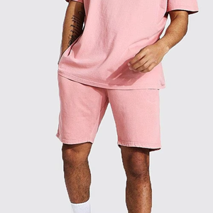 Ensemble T-shirt et short pour homme en tissu éponge respirant à séchage rapide, coupe décontractée et oversize, 100% coton rose, idéal pour la gym et l'été - Product Image 5