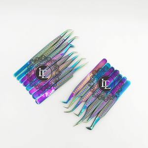 Juego de pinzas para extensión de pestañas de acero inoxidable probado a mano, revestimiento de arcoíris, etiqueta personalizada, Punta puntiaguda de bajo precio, novedad - Product Image 5