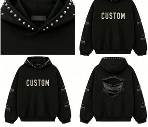 Découvrez le sweat à capuche personnalisé IMPEX style punk, 100% coton French Terry, noir, avec strass et manches effet usé, pour homme, automne - Product Image 1