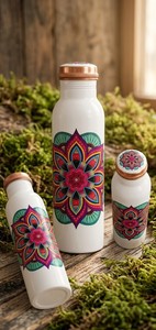 Botella de Agua Artesanal de Cobre Puro, Recipiente Ayurvédico para Bienestar, Frasco Metálico Antiderrames con Diseño de Mandala - Product Image 5