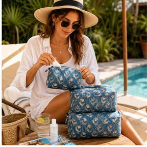 Jaipur Artisan Hand Block Printed Quilted Cotton <b>Toiletry</b> Pouch Set Waterproof Zip Closure Travel Cosmetic Organizer For Women - Product Image 5