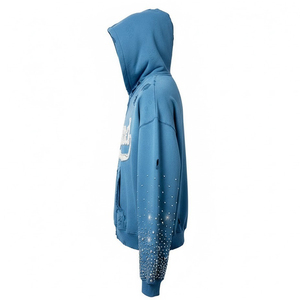 เสื้อฮู้ดซิปแบบหนา ผ้าฝ้าย 100% 400 GSM  ตกแต่งด้วยแพทช์เชนีลสีน้ำเงินประดับคริสตัล  สำหรับสตรีทแวร์ ยูนิเซ็กส์ - Product Image 2