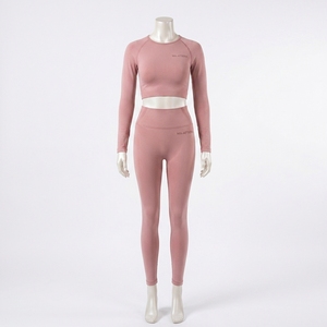 Women Dusty <b>Pink</b> Long Sleeve Crop Top High Waist <b>Leggings</b> Yoga Set <b>Gym</b> Fitness Activewear Workout Set - Product Image 4
