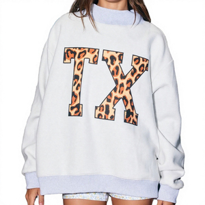 Oversized Fleece Sweatshirt Long Sleeve Leopard Print TX Logo Turtleneck Casual Men's Wear - Product Image 2
