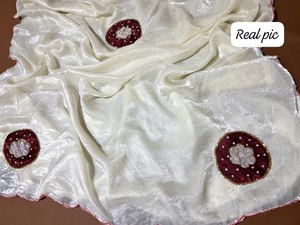 Custom Women Off-White Organza Designer Saree <b>Maroon</b> Velvet Circular Motif Patch Work Saree Ready Blouse Set - Product Image 5