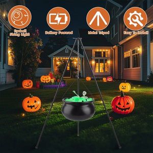 Ensemble de décorations de Halloween : Chaudron de sorcière en métal sur trépied avec squelette et 2 guirlandes lumineuses, installation facile en intérieur ou en extérieur - Product Image 1