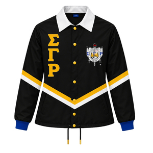 เสื้อแจ็คเก็ตวาร์ซิตี้สีดำสำหรับผู้หญิง ปกสีขาว ตัวอักษรกรีกสีทอง กระดุมแป๊ก แขนยาว ลายทาง เสื้อคลุมสไตล์วิทยาลัยลำลอง - Product Image 1