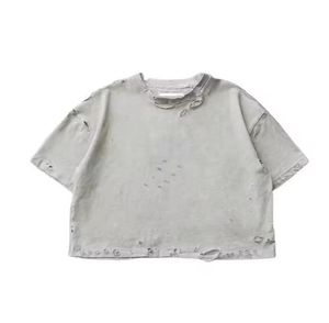 Camiseta Corta para Hombre, Estilo Vintage, Desgastada, con Bajo Deshilachado, Oversize, Streetwear, Ajuste Holgado, Lisa, Personalizable - Product Image 2