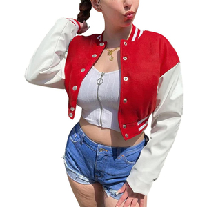 Women's Red White Varsity Jacket Full Sleeve Short Length Rib Collar Regular Length Autumn Style - Product Image 3
