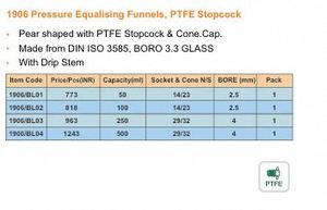 Embudo de igualación de presión con grifo de PTFE en forma de pera y tapa cónica, fabricado con vidrio BORO 3.3 según DIN ISO 3585 - Product Image 3