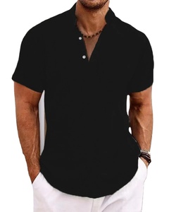 Nueva camiseta de playa informal con cuello Henry para hombre, Camiseta de algodón 100% de alta calidad, manga corta, estilo callejero de Color sólido teñido con lazo - Product Image 3