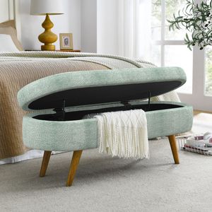 Banc de rangement ovale Ottoman gris et cyan 43,5"x16"x16" avec pieds en bois d'hévéa pour meubles de salon - Product Image 5
