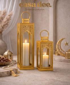 Portavelas con aberturas rectangulares y puerta abatible, centro de mesa decorativo para el hogar, días festivos y bodas, linterna de metal marroquí tipo jarrón - Product Image 3