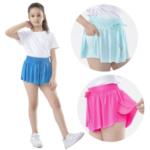 Jupe-short taille haute bleu clair pour femme avec poches, fermeture à cordon, style sportif, tissu en mousseline respirant - Product Image 6
