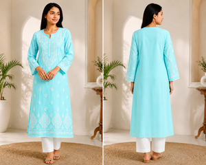 Kurti élégant bleu ciel brodé Chikankari pour femmes, tunique longue ethnique indienne à motifs floraux, tenue traditionnelle festive décontractée - Product Image 4