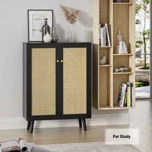 Modern black Wood and Rattan Two Door <b>Storage</b> Cabinet with Black Finish Modern Organizer for Living Room Bedroom and Office - Product Image 4