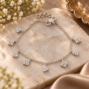 Pulsera de Plata de Ley 925 con Dijes de Corazón y Cuadrado de Circonita Cúbica, Cadena de Eslabones Hecha a Mano, 10-14g, Forma de Gancho, Joyería al por Mayor para Mujer, Regalo - Product Image 1