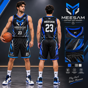 Ensemble de maillots de basket-ball pour hommes, sans manches, col en v, imprimé par sublimation, uniforme en maille respirante, noir bleu 23 - Product Image 1