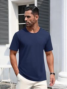 Camiseta de Manga Corta para Hombre, Cuello Redondo, Color Azul Marino, Corte Regular, Color Sólido, Informal, Tejido de Punto, 100% Algodón - Product Image 3