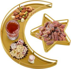 Lot de 2 plateaux de service en métal doré EID Mubarak, plateau à dessert en forme de lune et d'étoile, rangement alimentaire Ramadan, emballage de table Kareem - Product Image 5