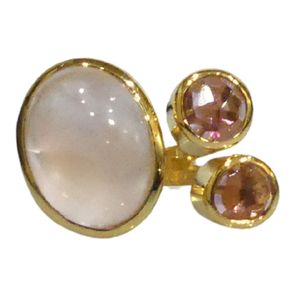 Gemvanity SR1469 Gold Plated Christian Luxury Classic Channel Setting Brilliant Cut White <b>Rainbow</b> Moonstone Pink Tourmaline Ring - Product Image 3