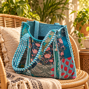 Sac fourre-tout en coton matelassé patchwork floral turquoise bohème pour femme, bleu-vert, sac à bandoulière, sac de shopping tendance, vente en gros - Product Image 3