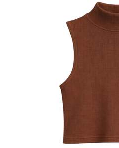 Top Corto Personalizado Marrón Acanalado de Cuello Alto Sin Mangas para Mujer, Ajuste Delgado, Elástico, Casual, de Verano, Camiseta sin Mangas, Chaleco Básico de Moda - Product Image 2