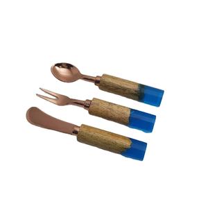 Cubiertos de diamante Mango de madera y resina Cubiertos Juegos de cubiertos de acero inoxidable Juego de cubiertos más popular al por mayor 3 piezas - Product Image 1