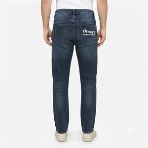 WIZE INTERNATIONAL Jean en denim coupe droite bleu foncé pour homme, taille haute, fermeture boutonnée, décontracté, 100% coton, délavé - Product Image 2