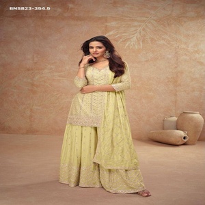 คอลเลคชั่นพิเศษสำหรับวันอีด ชุดชิโนนพร้อมชุดปักลายพร้อมกางเกงพลลาโซ-คุร์ตาและผ้าคลุมไหล่ ราคาขายส่งจากซัพพลายเออร์อินเดีย - Product Image 1